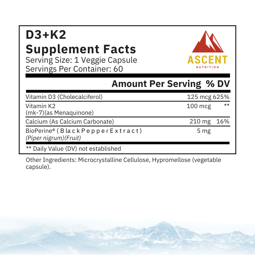 Ascent Nutrition D3 + K2, 60 Capsules, 125 mcg D3 + 100 mcg K2 – alternate view 2