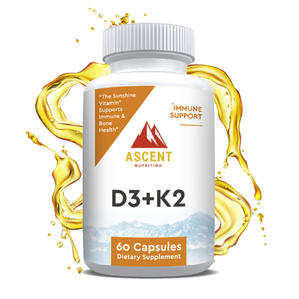 Ascent Nutrition D3 + K2, 60 Capsules, 125 mcg D3 + 100 mcg K2 – front product view